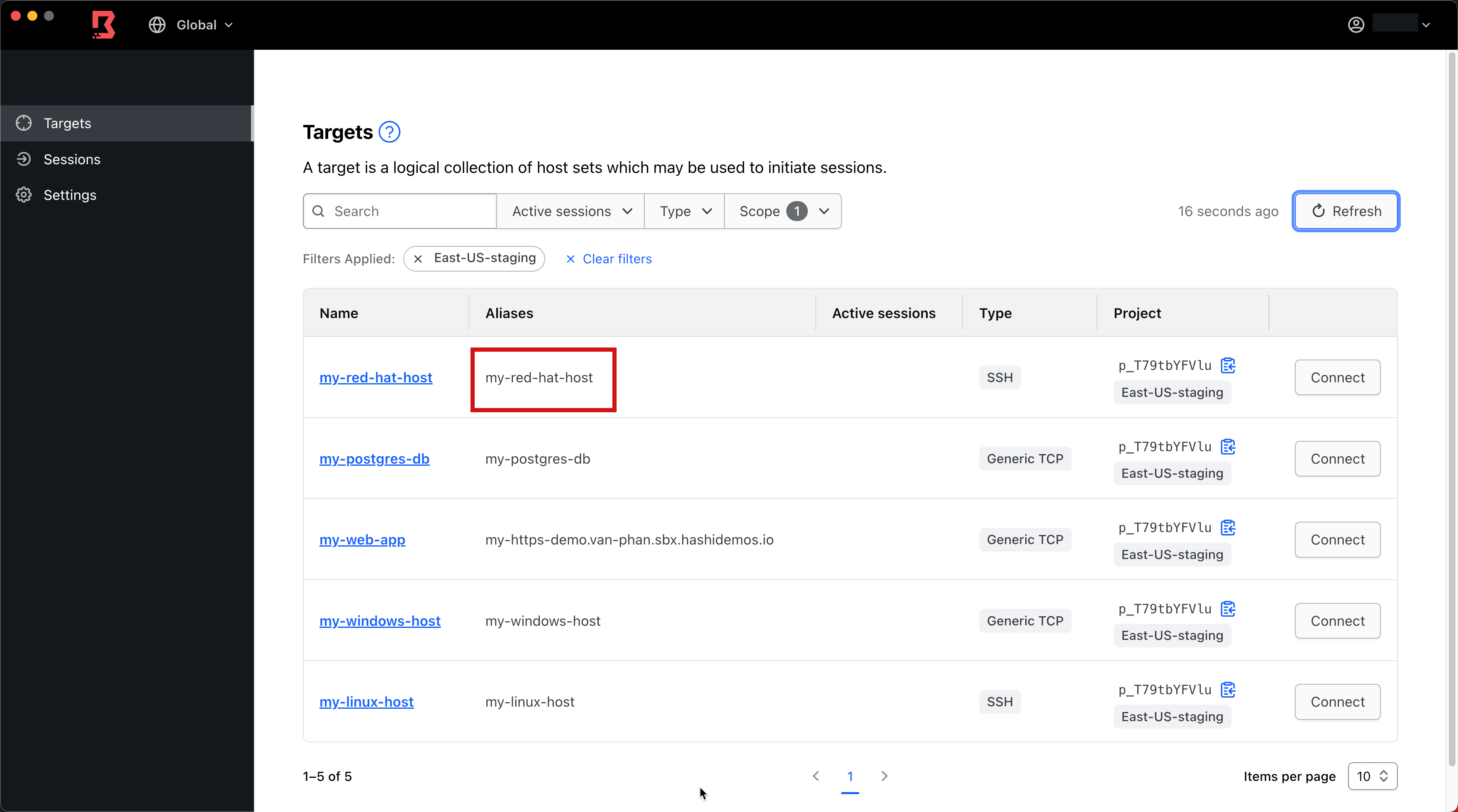 Targets aliases view in Boundary